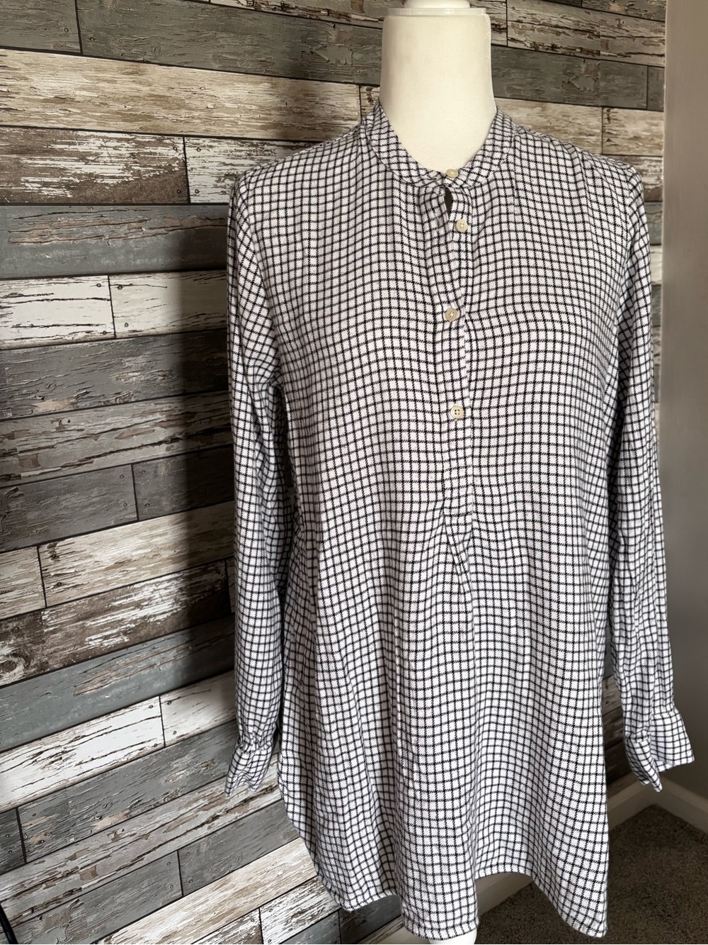 Madewell Black & White Check Quarter Button Cozy Tunic Top Womens Size M